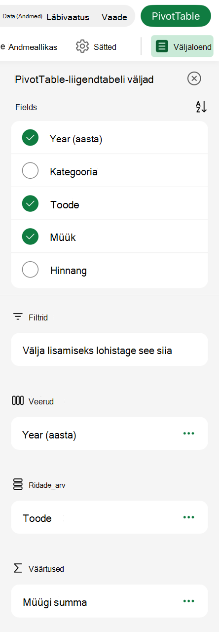 PivotTable-liigendtabel iPadi väljaloendis