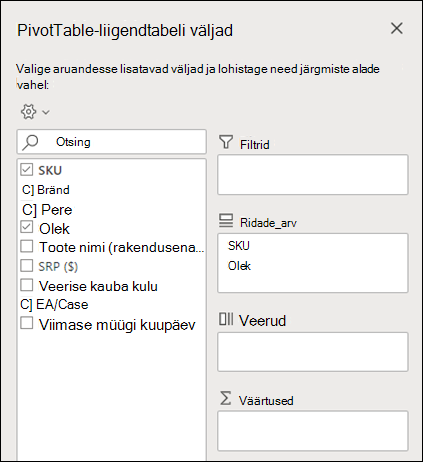 PivotTable-liigendtabeli väljad Exceli veebirakendus