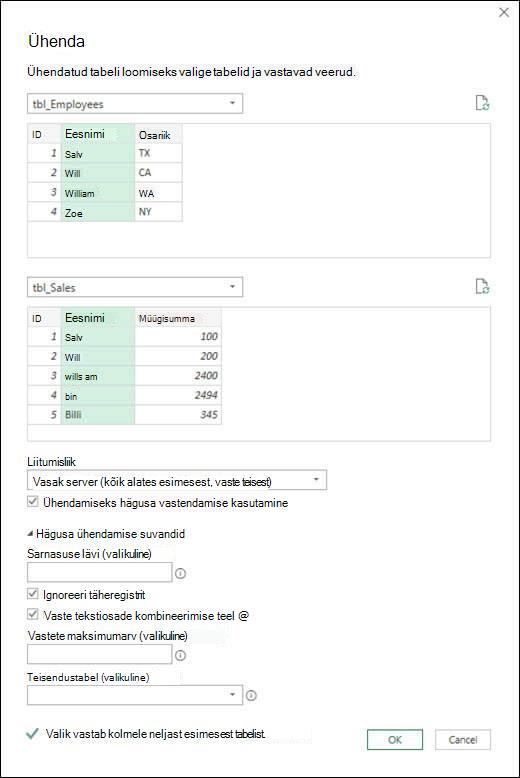 hägusa ühendamise suvandite Power Query