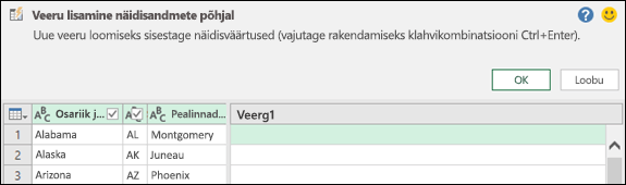 Power Query paan veeru kombineerimine näidisandmete põhjal