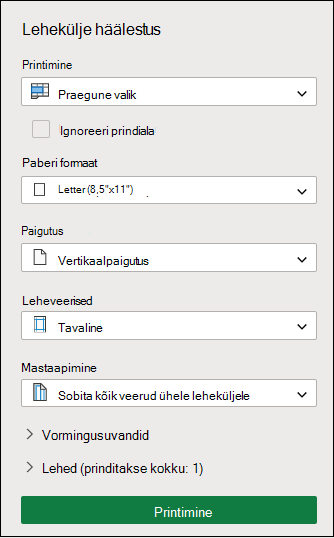 Prindi praegune valik Exceli veebirakendus