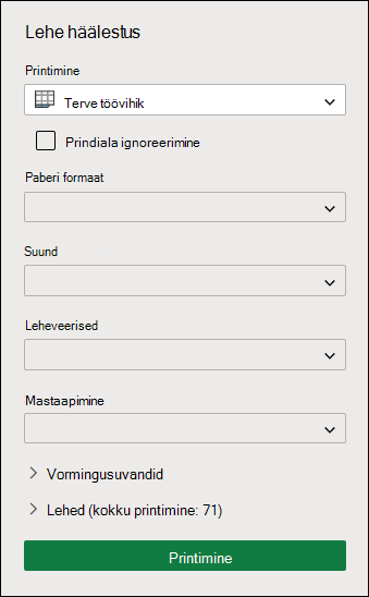 Terve töövihiku printimine Exceli veebirakendus