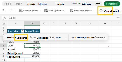 Kuvatõmmis PivotTable-liigendtabeli värskendamisest rakenduses Excel for iPad