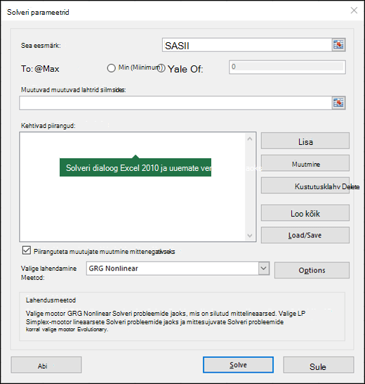 Excel 2010+ Solveri dialoogiboksi pilt