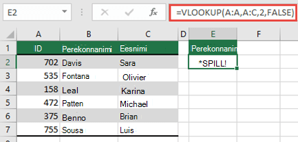 #SPILL! põhjustas funktsiooni =VLOOKUP(A:A;A:D,2;FALSE) lahtris E2, kuna tulemid voolaksid üle töölehtede serva. Teisaldage valem lahtrisse E1 ja see toimib õigesti.