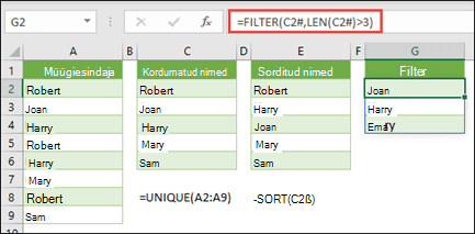 Ülevoolanud vahemiku tehtemärk (#) tervele ülevoolanud massiivivahemikule viitamiseks funktsiooniga =FILTER(C2#,LEN(C2#)>3)
