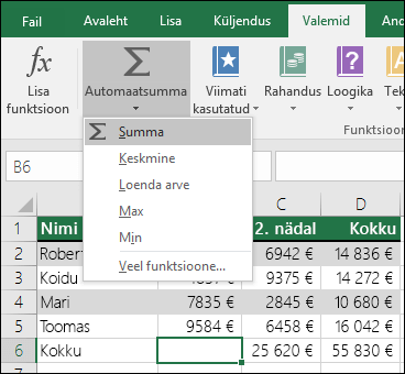 Automaatsumma viisardi abil saate automaatselt koostada summavalemi. Valige liidetavast vahemikust ülal/alla või vasakule/paremale jääv vahemik ja avage lindimenüü Valem, seejärel valige Automaatsumma & SUM.