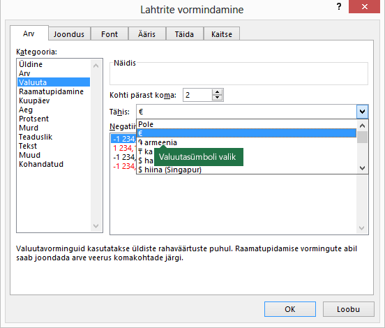 Currency Symbol selection from the Format Cells dialog