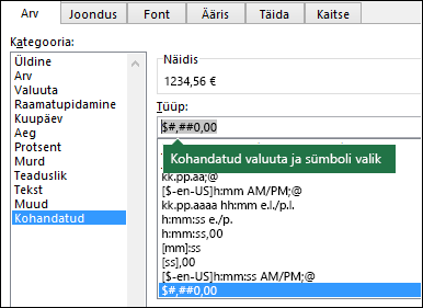 Funktsioon TEXT: kohandatud valuuta tähisega