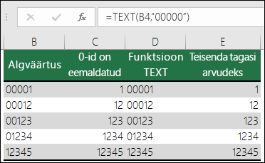 Näited algusnullide vormindamiseks funktsiooni TEXT kasutamisest. =TEXT(A2,00000)