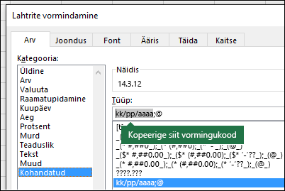 Näide sellest, kuidas kasutada dialoogiboksi Lahtrite > vormindamine > arvude > kohandatud abil, et Excel looks teie eest vormingustringe.