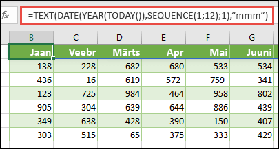 Funktsioonide TEXT, DATE, YEAR, TODAY ja SEQUENCE kombinatsiooni kasutamine 12-kuulise dünaamilise loendi koostamiseks