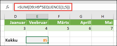 Massiivikonstantide kasutamine valemites. Selles näites kasutasime funktsiooni =SUM(D9:H(*SEQUENCE(1,5))