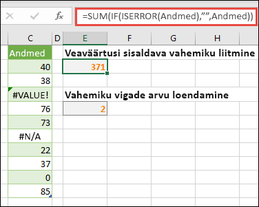 Kasutage vigadega tegelemiseks massiive. Näiteks =SUM(IF(ISERROR(Andmed);;Andmed) liidate vahemiku nimega Andmed ka siis, kui see sisaldab vigu (nt #VALUE! või #NA!).