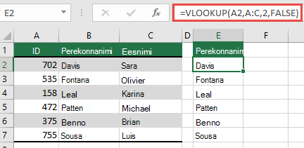 Kasutage traditsioonilist funktsiooni VLOOKUP ühe lookup_value viitega: =VLOOKUP(A2;A:C;32;FALSE). See valem ei tagasta dünaamilist massiivi, kuid seda saab kasutada koos Exceli tabelitega.