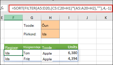 Siin kasutatakse funktsiooni FILTER koos funktsiooniga SORT, et saada massiivivahemiku (A5:D20) sellised väärtused, mis tähistavad õunu JA käivad idaregiooni kohta ning seejärel sortida ühikud laskuvas järjestuses.