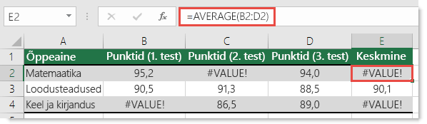 Viga #VALUE! funktsioonis AVERAGE