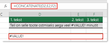 Viga #VALUE! funktsioonis CONCATENATE