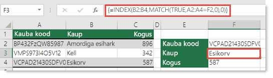 Kui kasutate funktsiooni INDEX või MATCH, kui otsinguväärtus on suurem kui 255 märki, tuleb see sisestada massiivivalemina. Lahtris F3 on valem =INDEX(B2:B4;MATCH(TRUE;A2:A4=F2;0);0) ja sisestamiseks vajutage klahvikombinatsiooni Ctrl+Shift+Enter.