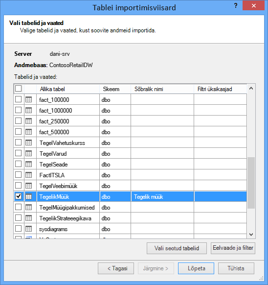 PowerPivoti lisandmooduli tabeliimpordiviisard