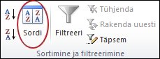 Exceli menüü Andmed jaotise Sordi & filter käsk Sordi