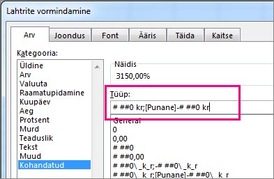 Kohandatud vorming negatiivsete protsentide kuvamiseks punases kirjas