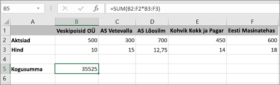 Näide massiivivalemist, mis arvutab ühe tulemi