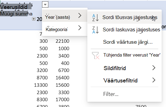 Kombineeritud filtritega ridade ala