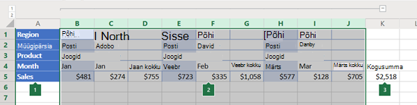 Veergude liigendus Excel Online'is
