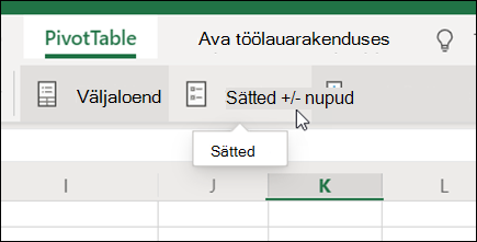 Exceli veebirakendus PivotTable-liigendtabeli menüü nupp Sätted