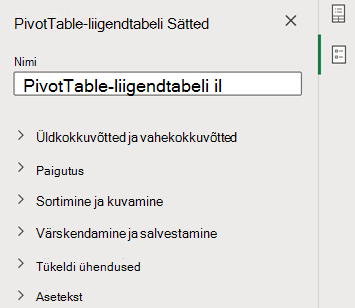 PivotTable-liigendtabeli sätete paan Exceli veebirakendus
