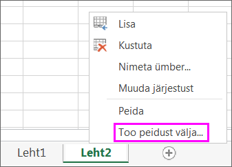 Paremklõpsake mõnda lehesakki peidetud töölehtede otsimiseks.