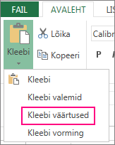 Nupp Kleebi koos käsuga Kleebi väärtused veebirakenduses Excel Web App