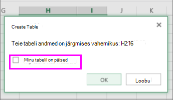 Andmevahemiku tabeliks teisendamise dialoogiboks