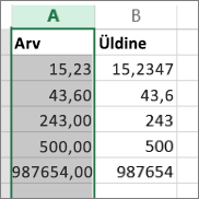 näide, kuidas arvud erinevates vormingutes kuvatakse, nt vormingutes Arv ja Üldine.
