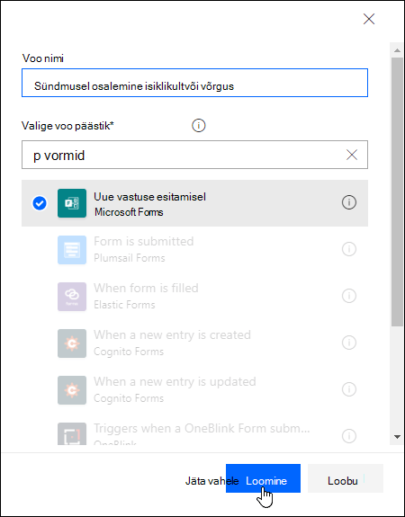 Voo päästiku valimine Power Automate'is