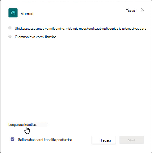 Teamsi dialoogiboks Vormid ja suvandi Loo töövoog vastuste automaatseks kogumiseks