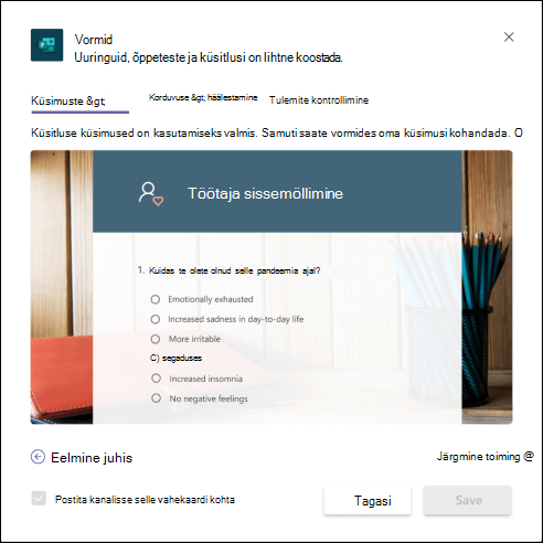 Teamsi vormidialoog töötaja heaolu mõõtmise malli eelvaatega
