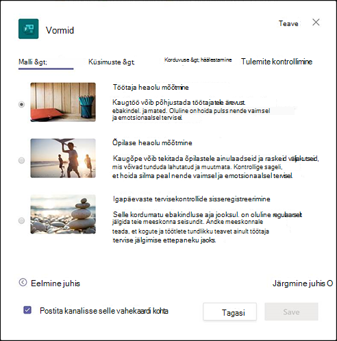Teamsi vormidialoog, mis kirjeldab töötaja heaolu mõõtmise malli ja töövoo koostamise alustamist