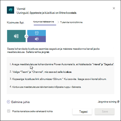Teamsi dialoogiboks Vormid, mis kirjeldab, kuidas Power Automate'i abil luua küsitluse jaoks automaatne töövoog.