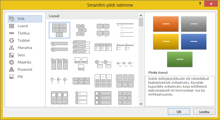 Dialoogiboksi „SmartArt-pildi valimine“ valikud