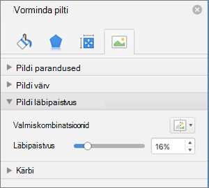 Värvi läbipaistvuse reguleerimine paanil Pildi vormindamine