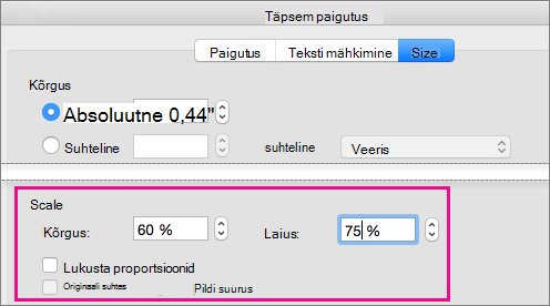 On the Size tab in the Advanced Layout box, the Scale options are highlighted.