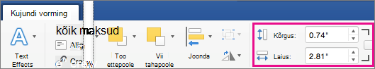 On the Shape Format tab, the Height and Width boxes are highlighted.