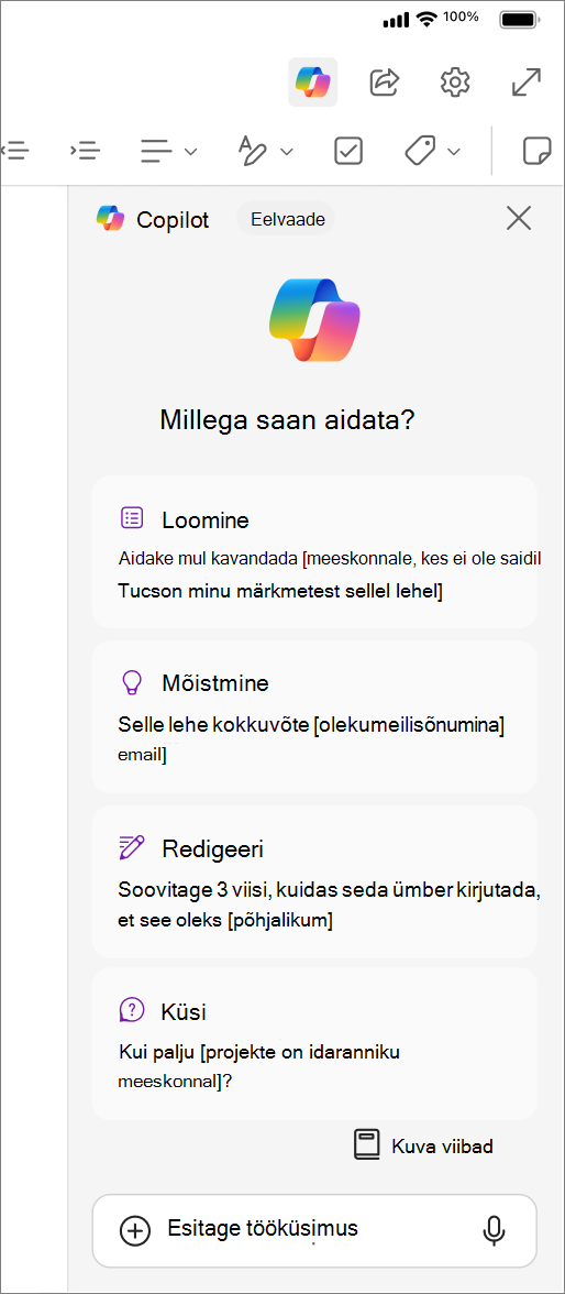 Juurdepääs Copilot nupule rakenduses OneNote for iOS