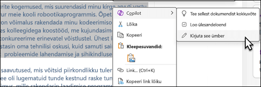 Osa tekstist on OneNote'is valitud. Kuvatakse kontekstimenüü, kus on valitud Copilot, ja kirjutage see alammenüüs ümber.