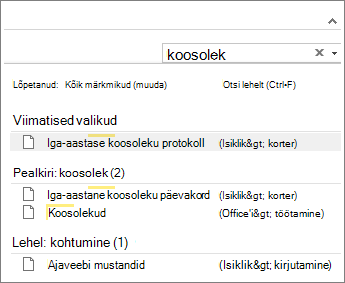Otsingu kasutamine märkmete otsimiseks kõikjalt OneNote'is