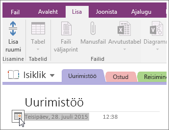 Kuvatõmmis rakenduse OneNote 2016 lehe kuupäevatempli muutmisest