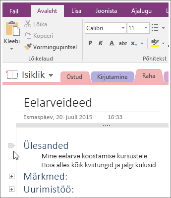 Kuvatõmmis liigenduse ahendamisest rakenduses OneNote 2016.