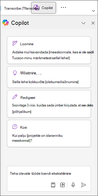Tippige OneNote'i Coplot-paanile käsk Ekstrakti ülesandeloend